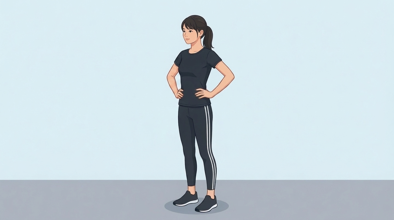 両手を骨盤に添え、指先を下向きにしてお尻のあたりに置く
