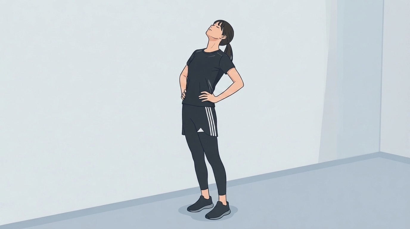 息をゆっくり吐きながら上体を後ろに反らし、斜め上を向いた状態で3秒間キープする